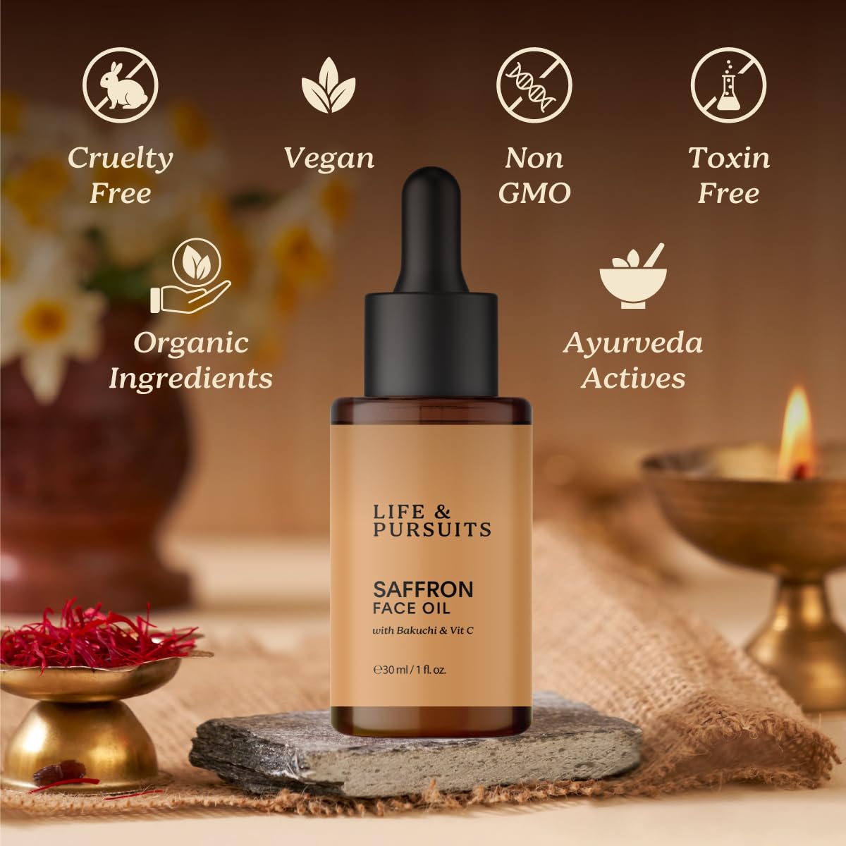 Life & Pursuits Saffron Face Oil 1 Fl Oz with Kashmir Saffron, Bakuchi, Vitamin C for Face Brightening, Moisturizing, Dark Spots, Fine Lines, Wrinkles. Lightweight Daily Face Massage oil | Anti-Aging-FemmiqueWomen