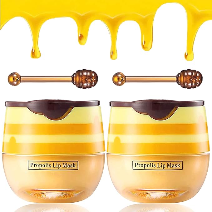 2PCS Honey Lip Balm, Exfoliating Honey Pot Lip Balm Sleeping Lip Mask with Brush, Hydrating & Prevention Dry and Cracked, Lip Scrubs Exfoliator & Moisturizer-FemmiqueWomen