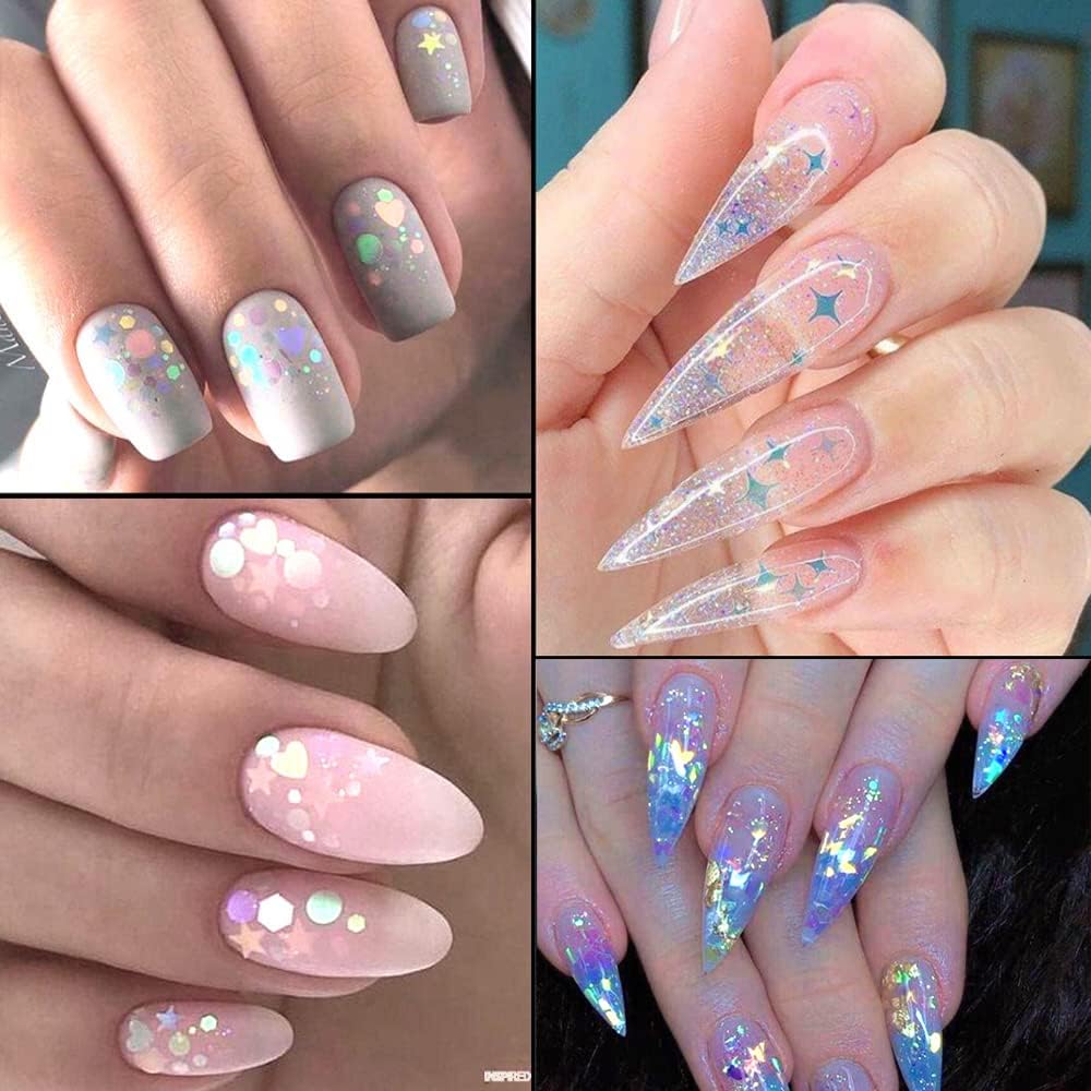 24 Grids Holographic Nail Sequins and 1 Pcs Tweezers,Iridescent Mermaid Flakes Ultra-Thin Colorful Flakes Glitter Sticker,DIY Face Body Eyes for Nail Art Decoration-FemmiqueWomen