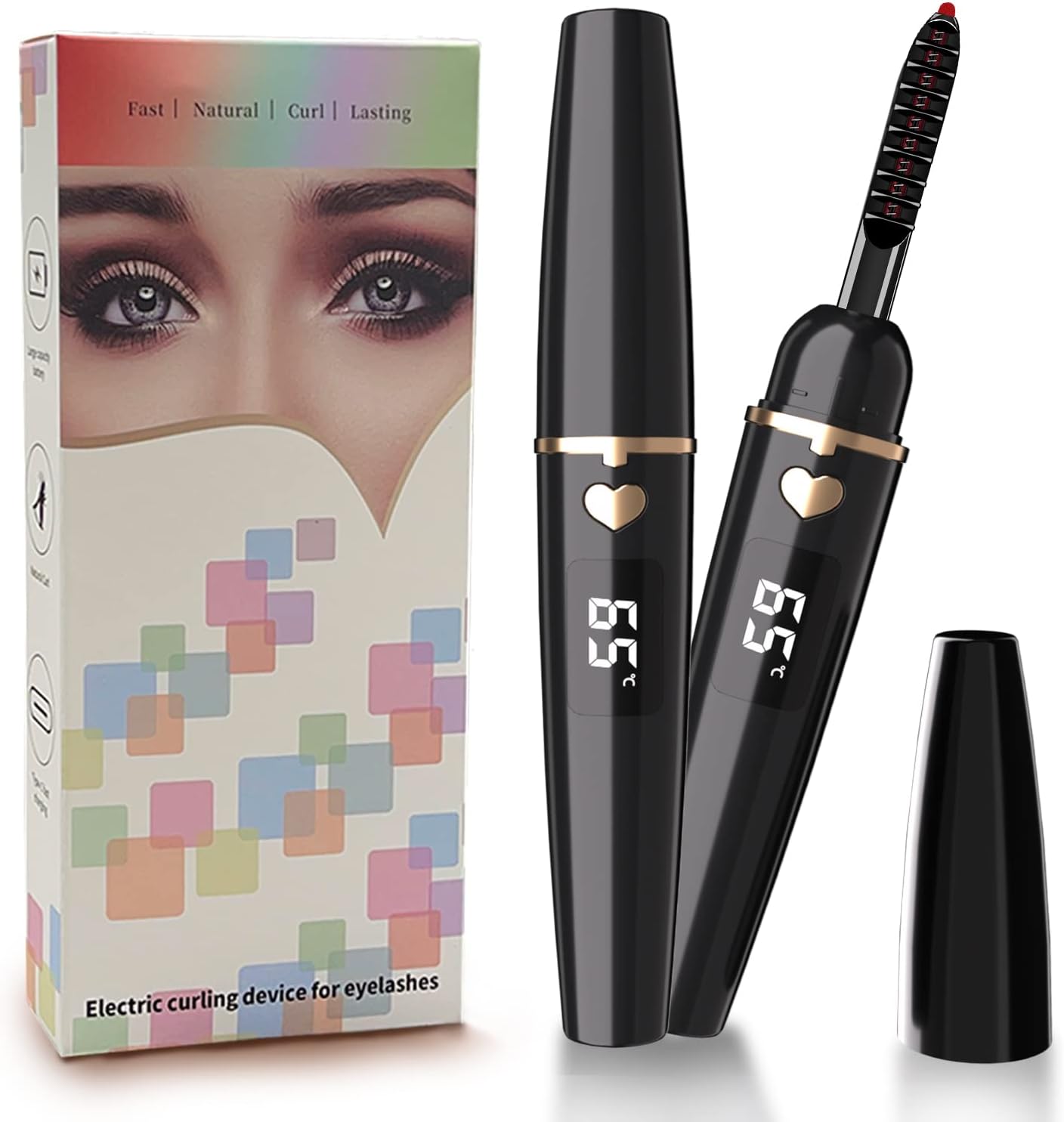 Heated Eyelash Curler, Heated Lash Curler, Portable USB C Rechargeable Eyelash Curler 24H Long Lasting Intelligent Power Off Electric Eyelash Curler with Eyelash Comb for Makeup - Black-FemmiqueWomen