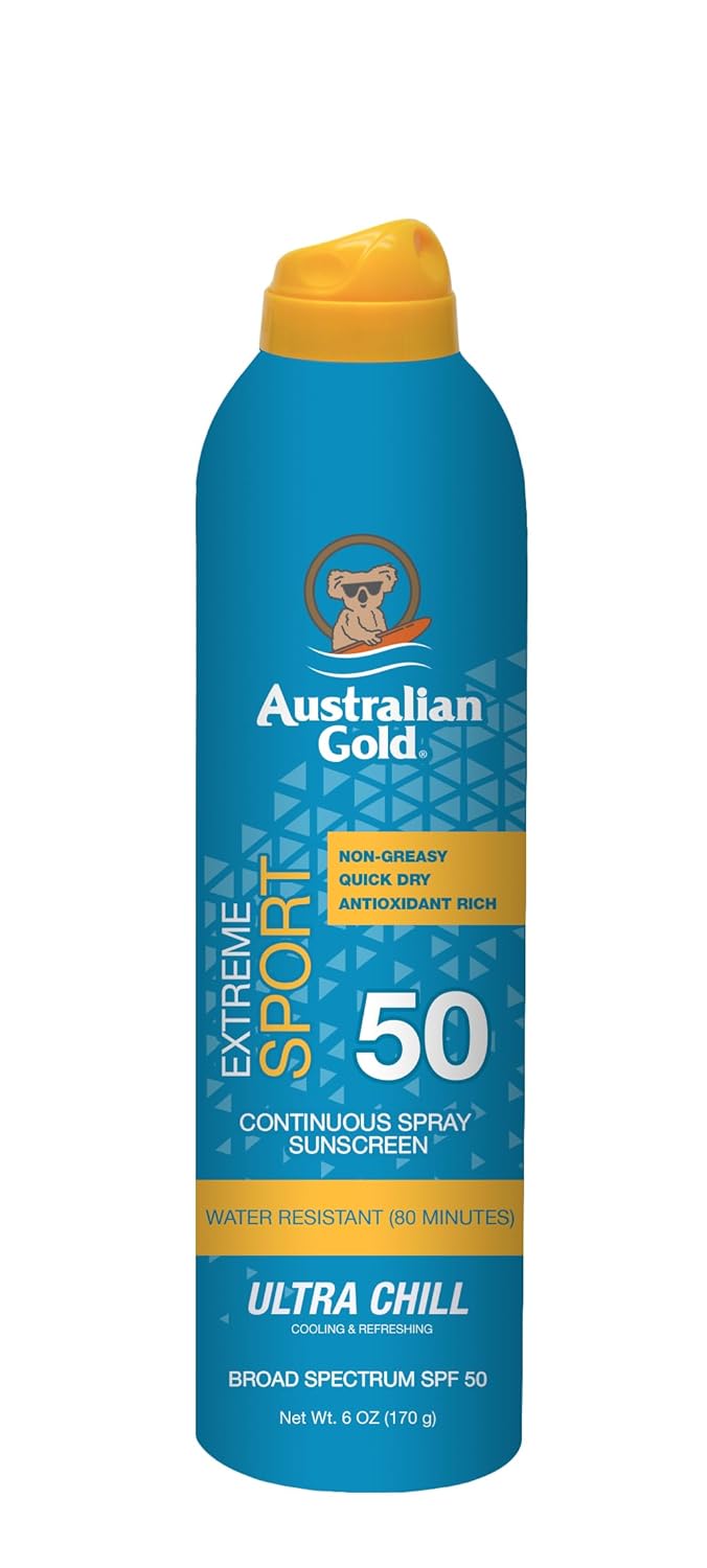 Australian Gold Extreme Sport Continuous Spray Sunscreen SPF 50 (Broad Spectrum/Sweat & Water Resistant/Non-Greasy), Sport - New, Coastal Breeze, 6 Oz 5.6 Ounce (Pack of 1) SPF 50 - Spray-FemmiqueWomen