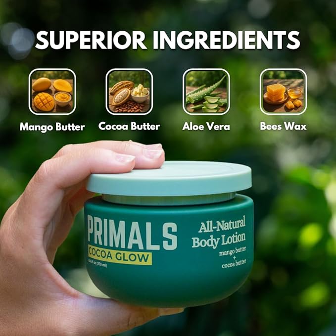 PRIMALS All Natural Body Lotion - Cocoa Butter & Mango Butter - 100% Naturally Derived Ingredients - Alcohol Free, Artificial Fragrance Free, Paraben Free, Petroleum Derivative Free - 8.45 oz-FemmiqueWomen