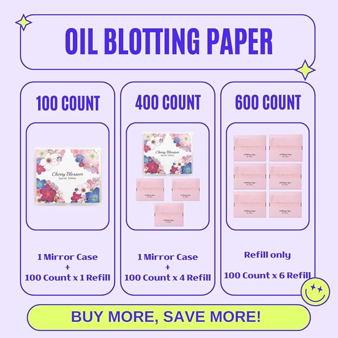 [100 Counts + Mirror Case] Cherry Blossom Natural Oil Blotting Paper for Face Korean with Mirror Case-FemmiqueWomen