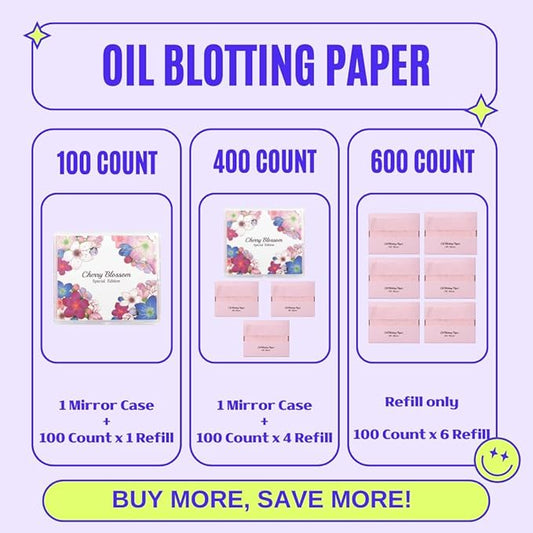 [100 Counts + Mirror Case] Cherry Blossom Natural Oil Blotting Paper for Face Korean with Mirror Case-FemmiqueWomen