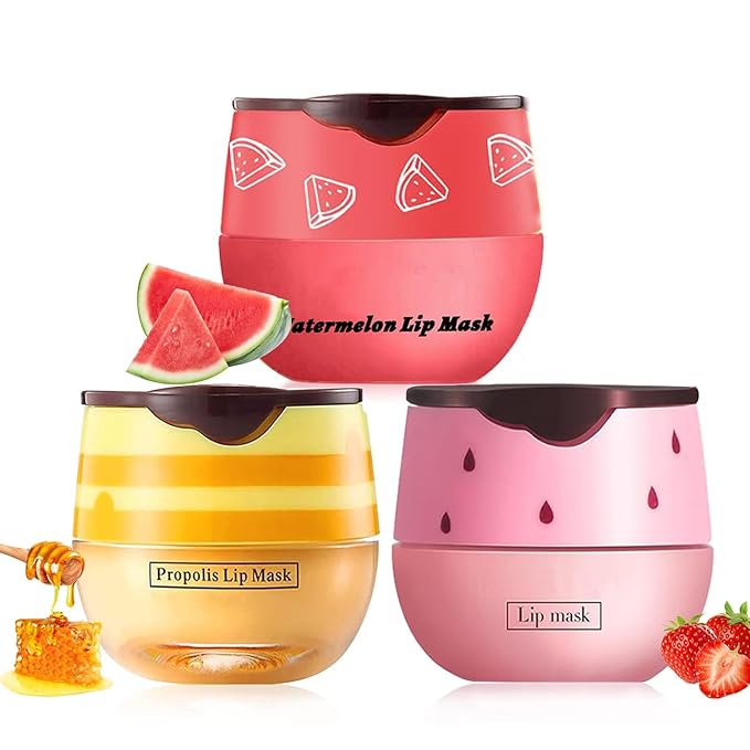 3 PCS Bee Lip Balm Honey Pot, Honey & Strawberry & Watermelon Lip Mask Overnight Moisturizing Lip Sleep Mask with Stick Hydrating & Prevention Dry and Cracked Lip Scrubs Exfoliator-FemmiqueWomen