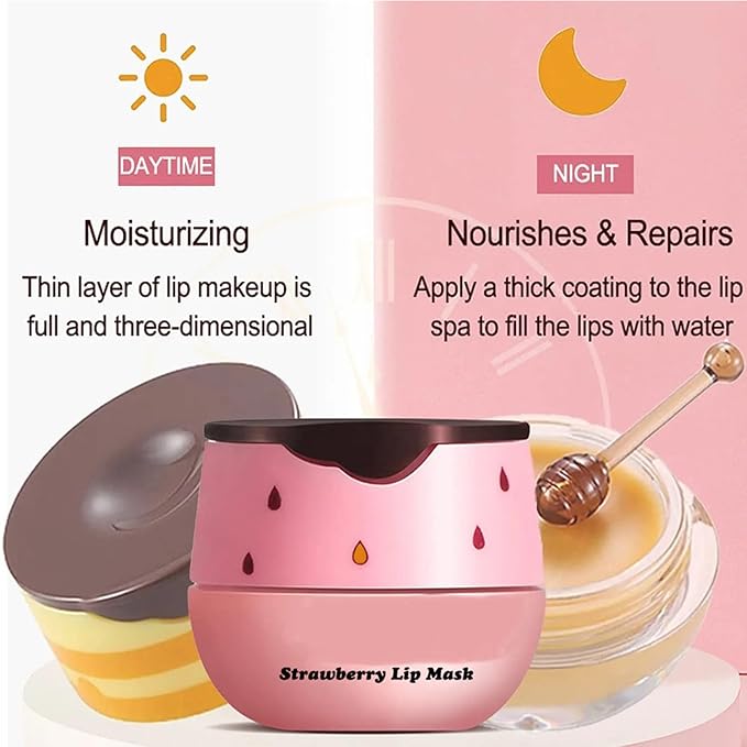 3Pcs Honey Lip Balm Honey Pot, Strawberry& Apple Lime Lip Mask Overnight Propolis Moisturizing Lip Balm Hydrating Prevention Dry and Crack Lip Scrubs Exfoliator, Beeswax with Vitamin E-FemmiqueWomen