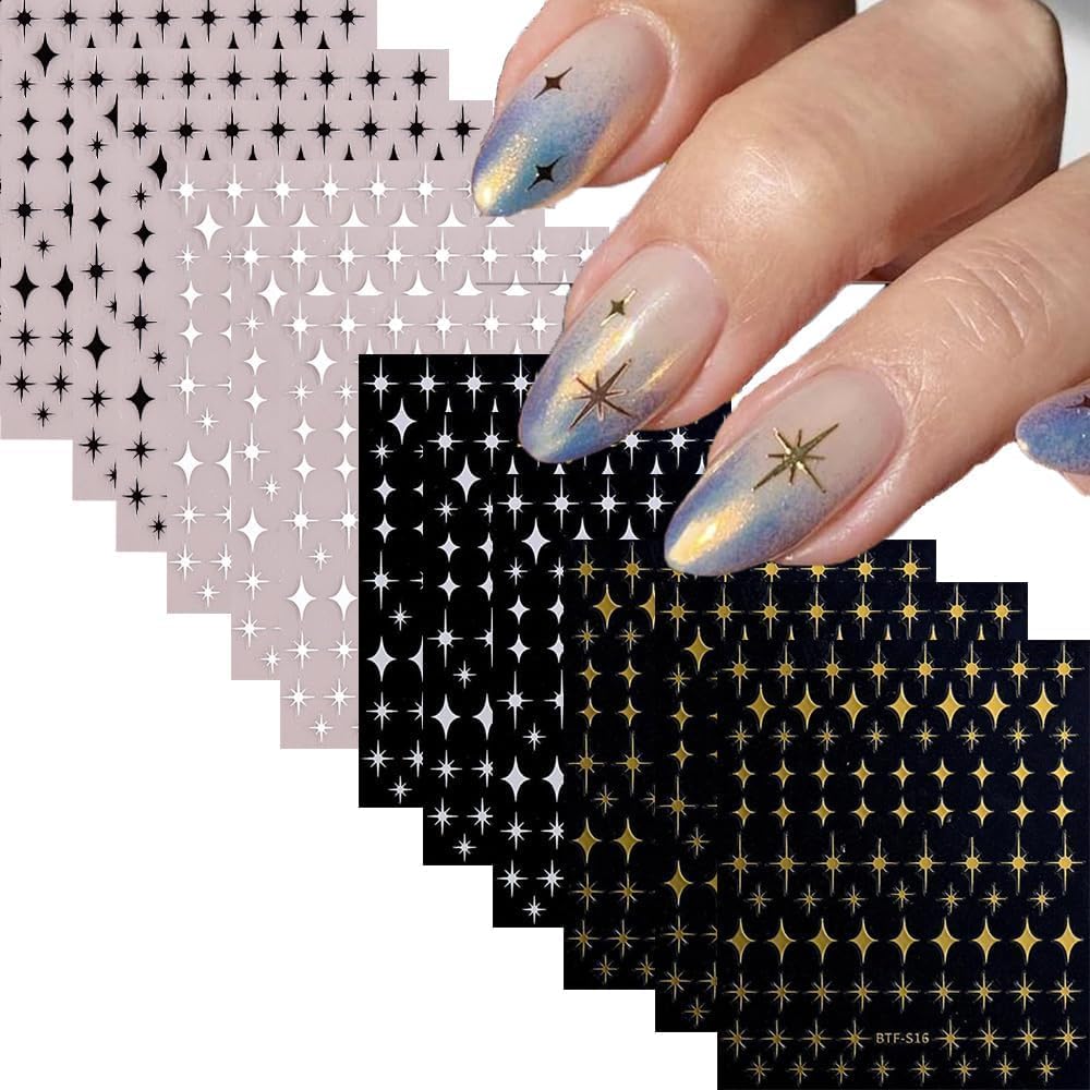 12 Sheets Star Nail Art Stickers 3D Self Adhesive Gold White Black Star Design Nail Art Decal Accessories for Women Acrylic Manicure DIY Decoration-FemmiqueWomen