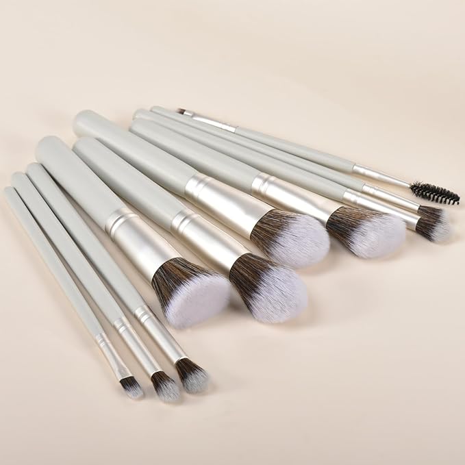 10 Piece Makeup Brushes - Grayish Green Wooden Handle with Soft Synthetic Bristles,for Face & Eye Makeup|Professional Makeup Brushes set for Women & Girls|-FemmiqueWomen