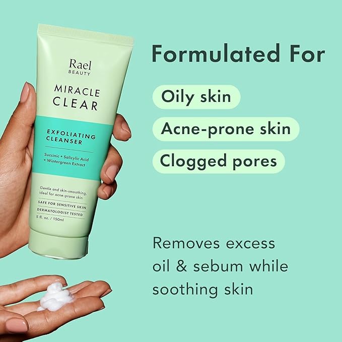 Rael Miracle Clear Face Wash – Gentle Exfoliating Cleanser with Succinic Acid & Minerals, Hydrating Formula for Daily Use, Ideal for Acne-Prone, Dry, Sensitive & Oily Skin, Vegan (5 fl oz)-FemmiqueWomen