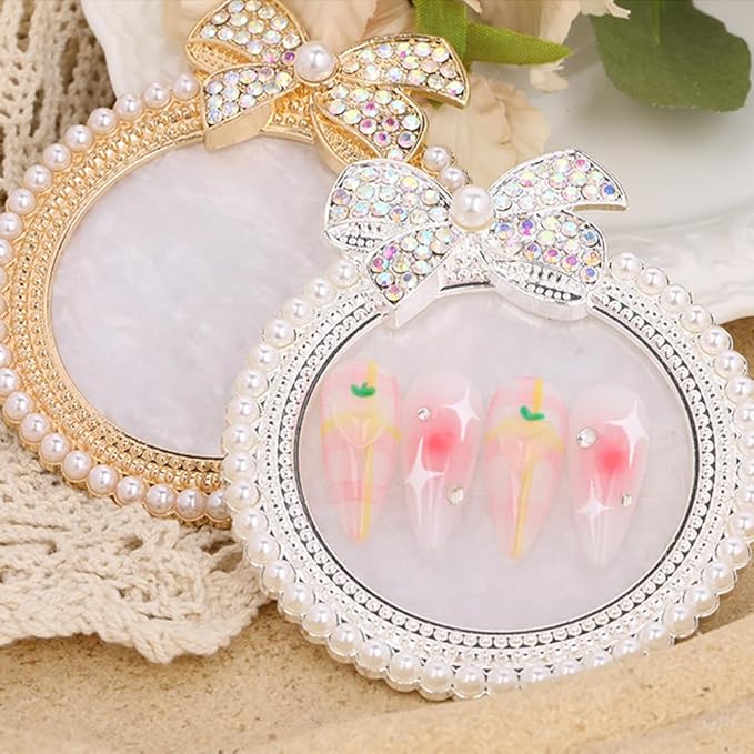 2 Pack Bow with Rhinestones Pearl Nail Art Palette Nail Polish Art Painting Mixing Palette Holder Pearl Edge Professional Cosmetic Nail Art Tools for Women and Girls Nail Polish Display-FemmiqueWomen