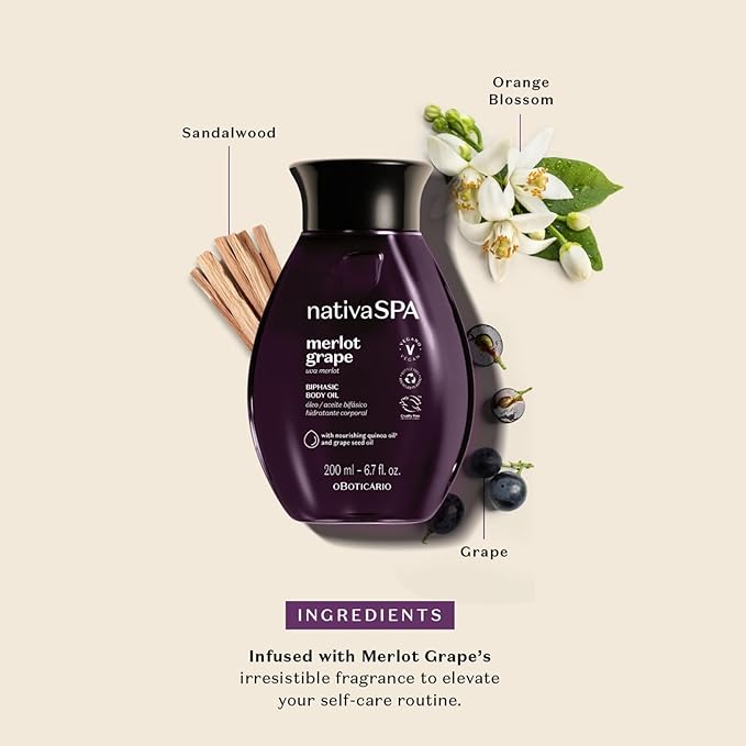 Nativa SPA by O Boticário Merlot Grape Biphase Body Oil, with Quinoa & Grapeseed Oils, Silky Glow with Hydration, 6.7 Ounce (200ml)-FemmiqueWomen