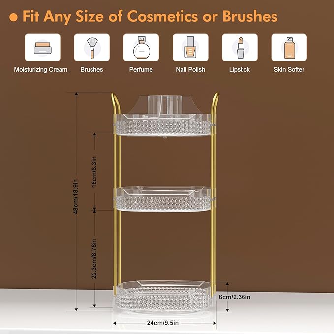 Awenia Rotating Makeup Organizer 360, Stackable Adjustable Large Capacity Cosmetic Storage Unit,Dresser Bathroom Kitchen Countertop Organizer with Metal Handle, Plus Size (Clear, 3 Tier)-FemmiqueWomen