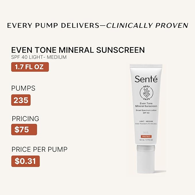 Senté Even Tone Mineral Sunscreen Tinted | SPF 40 Light-Medium | Hydrating, Lightweight Sun Protection Treatment for Redness & Discoloration | UVA/UVB & Blue Light Defense | 1.7 oz-FemmiqueWomen