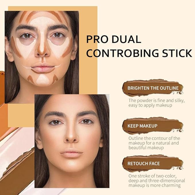 2 Colors Cream Contour Sticks Makeup Kit, Primer Face Highlighter Contouring for Beginners, Highlight and Contour Kit, Cream Concealer Makeup Blur Stick, Primer Face Corrector 3#-FemmiqueWomen