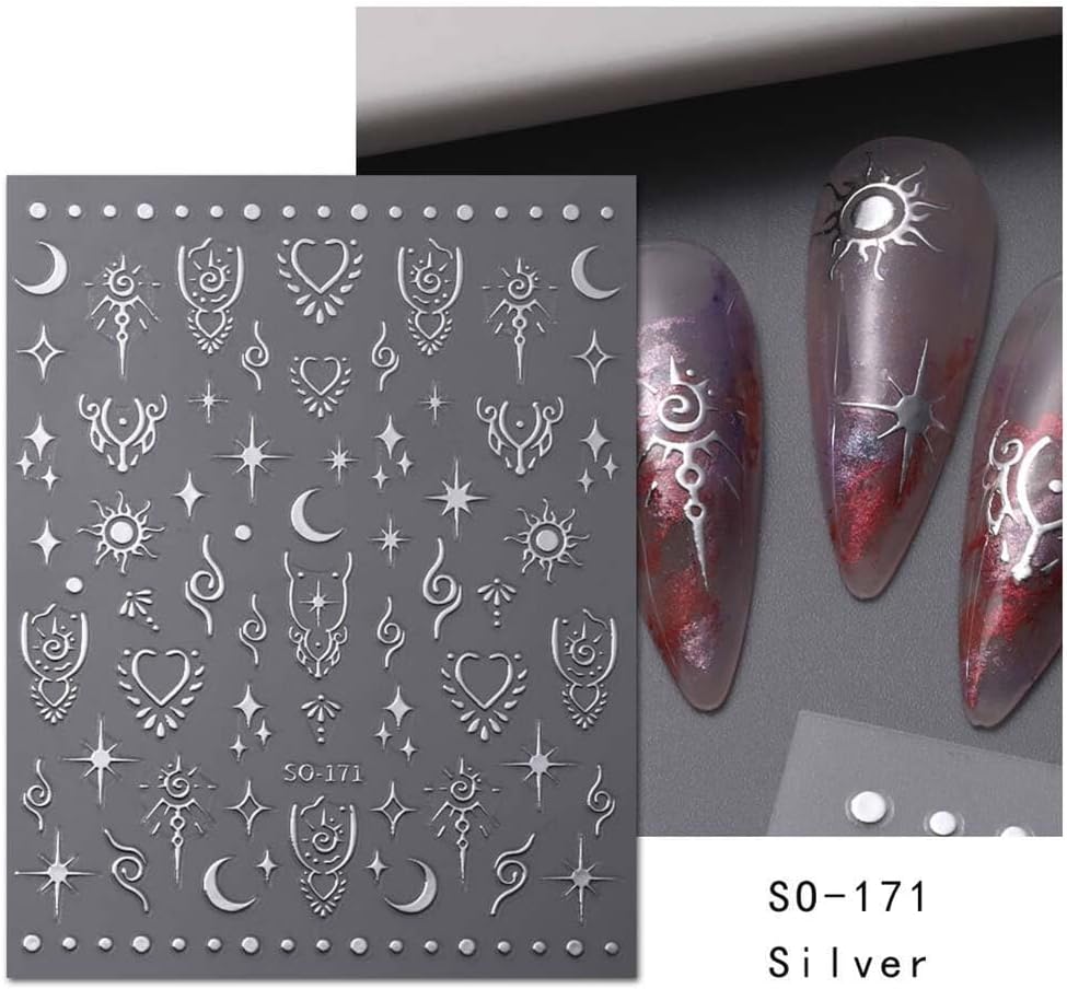 12 Sheets Metallic Nail Art Stickers - Sun Star, Moon Rose & More - 3D Self-Adhesive, Shiny Laser Gold & Silver - Holographic, Glitter for Women's Nail Manicure Decorations-FemmiqueWomen