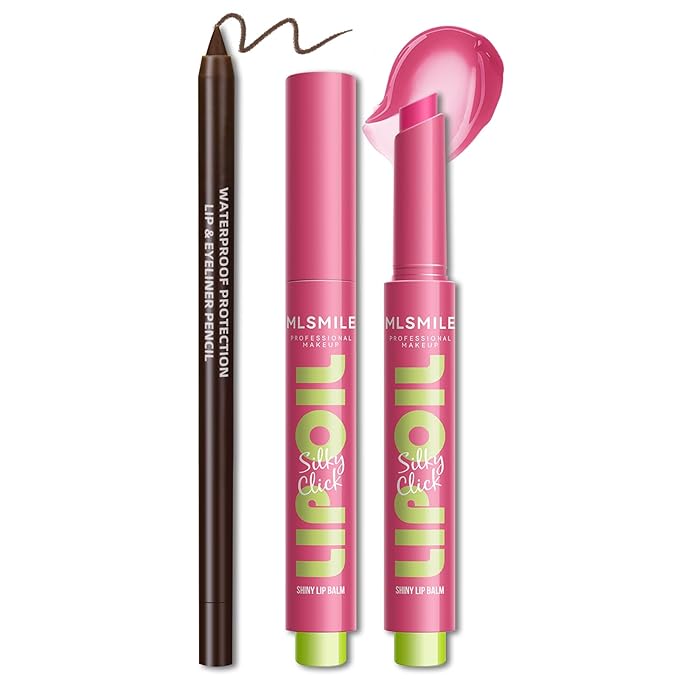 2 in 1 Solid Click Lip Gloss Pen With Brown Lip Liner Set Moisturizing Long Lasting Light Pink High Glossy Jelly Tinted Lip Balm Juicy Buildable Lip Plumper Makeup for Women-FemmiqueWomen