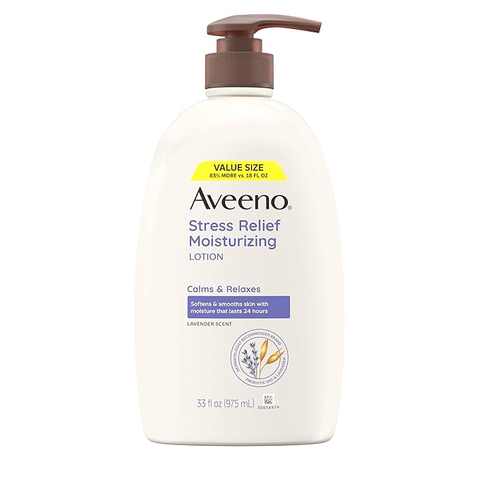 Aveeno Stress Relief Moisturizing Body Lotion 33 Fl Oz, Lavender Scent with Prebiotic Oat, Hydrating 24-Hour Moisturizer Non-Greasy for Dry Sensitive Skin, Paraben & Dye Free, Calming & Relaxing-FemmiqueWomen