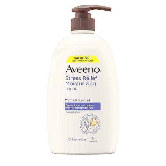 Aveeno Stress Relief Moisturizing Body Lotion 33 Fl Oz, Lavender Scent with Prebiotic Oat, Hydrating 24-Hour Moisturizer Non-Greasy for Dry Sensitive Skin, Paraben & Dye Free, Calming & Relaxing-FemmiqueWomen