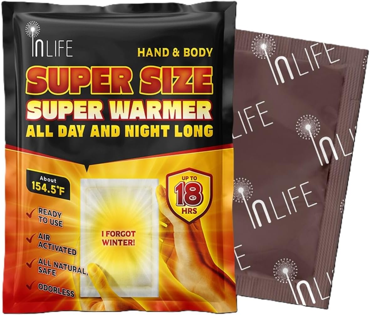InLife Super Size Super Warmer for Hands and Body, All Natural & Safe, Bigger & Wider Area Covered, Higher Heating 145°F, Air Activated, Easy & Comfort, Steady Longer Lasting, Odorless, 20 Packs-FemmiqueWomen