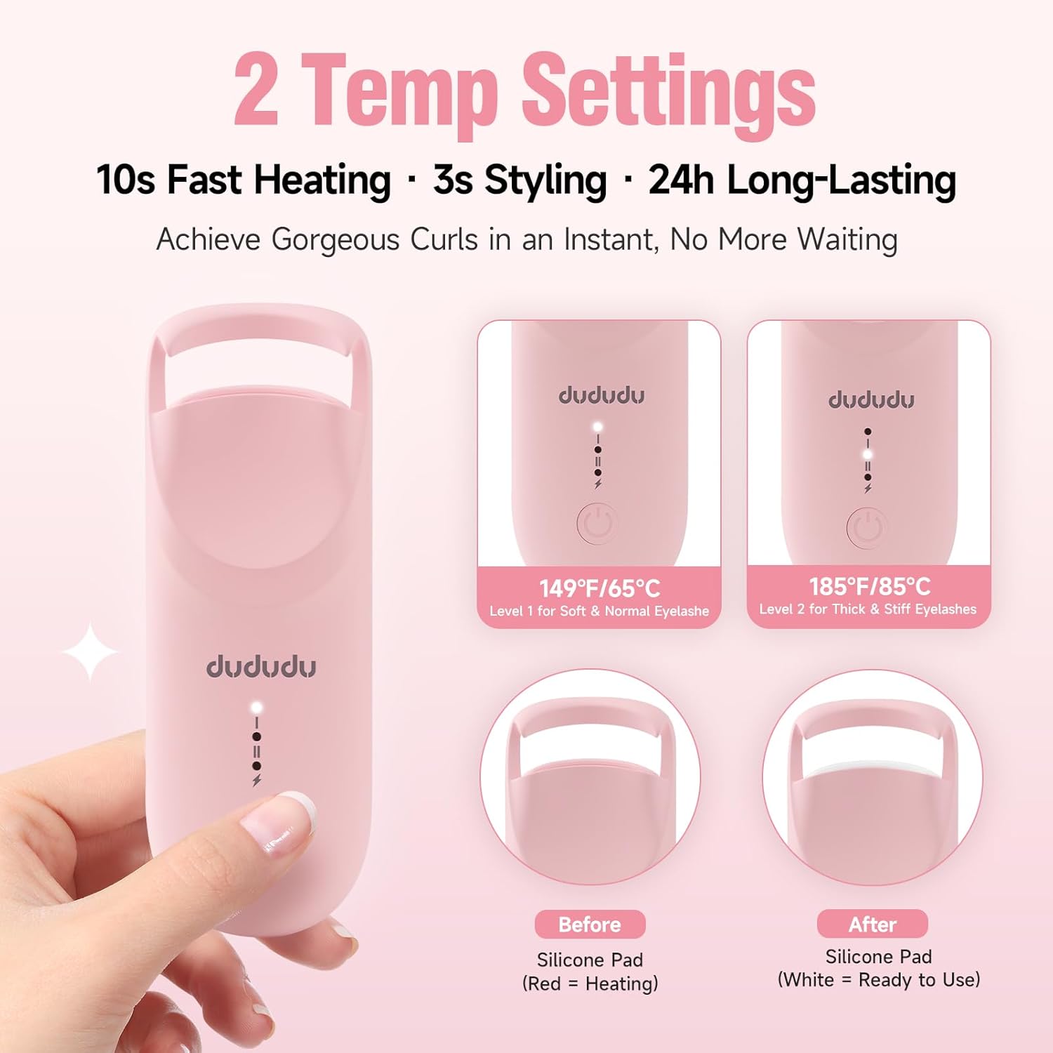 DUDUDU Heated Eyelash Curler, Portable Travel-Size Mini Electric Heated Lash Curler - 2-Level Adjustable Temp & Type-C Recharge, 10S Heat 3S Style 24H Lift for Long-Lasting Natural Effortless Curves-FemmiqueWomen