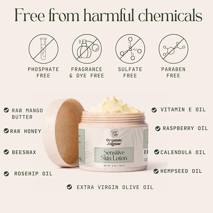 Natural Body Lotion for Sensitive Skin, Scent Free, Sulfate & Paraben Free Body Care, Moisturizer With Essential Oils, Vitamin E Oil, Beeswax, Extra Virgin Olive Oil, Raw Honey, 8 oz-FemmiqueWomen