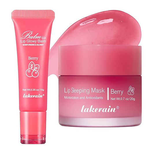 2Pcs Lip Glowy Balm and Lip Sleeping Mask Set, with 4 Flavor Options - Reduce Lip Lines, Enhance Lip Color, Hydrate & Plump Dry Chapped Lips Care (Berry)-FemmiqueWomen