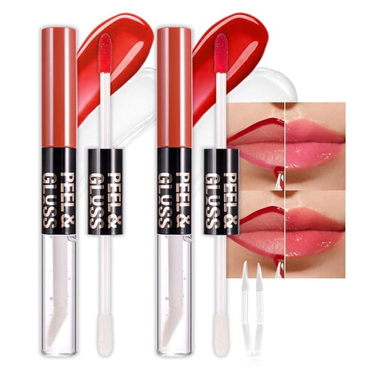 2Pcs Liquid Lip Stain Peel Off Lip liner and Lip oil with Tweezer, Dual-Ended Peel Off Lip Stain Tattoo, Highly Pigmented Long Lasting Waterproof, Transfer-proof for All Skin Types, 02#+04#-FemmiqueWomen