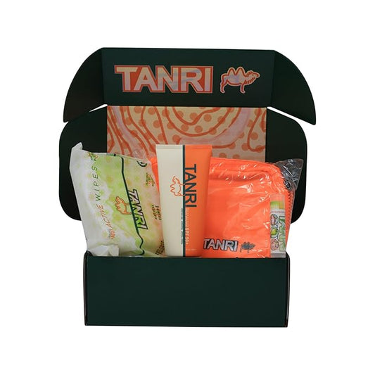 TANRI Primo Explorer Pack; Includes SPF50+ Sunscreen Lotion with Zero White Cast, Active Wipes No-Rinse Body Wipes, Moisturizing SPF15 Pear Lip Balm and an Adjustable Fanny Pack (4-Pack Bundle)-FemmiqueWomen