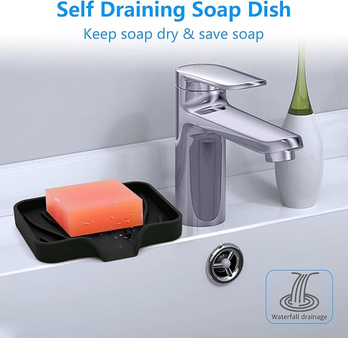 3-Pack Silicone Soap Dish, Sponge Holder for Sink, Kitchen Soap Tray, Bathroom Soap Holder, Sponge Tray with Drain (Black)-FemmiqueWomen