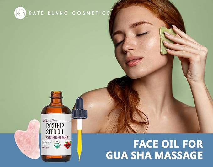 Kate Blanc Cosmetics Rosehip Oil for Face with Pink Gua Sha Stone (1oz, Organic, Pure, Cold Pressed) Rosehip Seed Face Oil for Gua Sha Massage-FemmiqueWomen