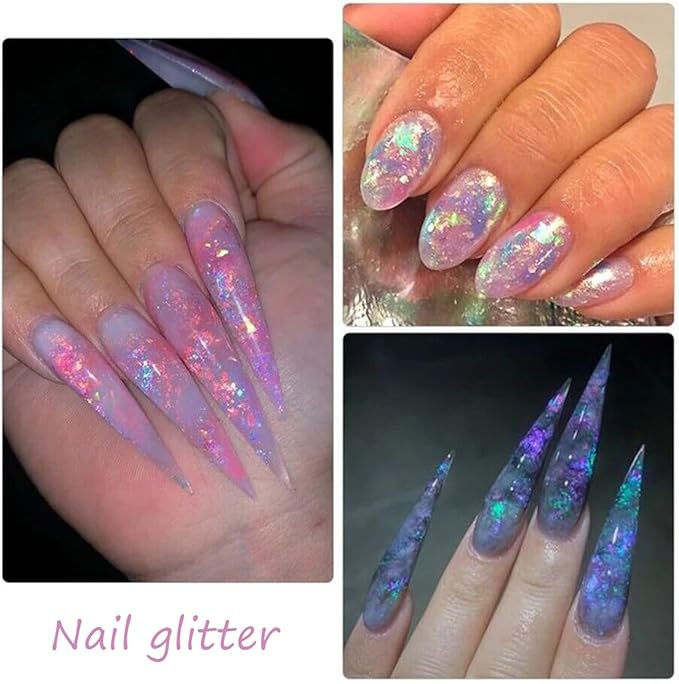 12 Colors Holographic Nail Art Glitter Sequins Aurora Holographic Mermaid Nail Glitter Flash Ice Residue Nail Glitter Sequin Chameleon Flakes Set Fluorescent Glass Paper for Face Body DIY Decoration-FemmiqueWomen