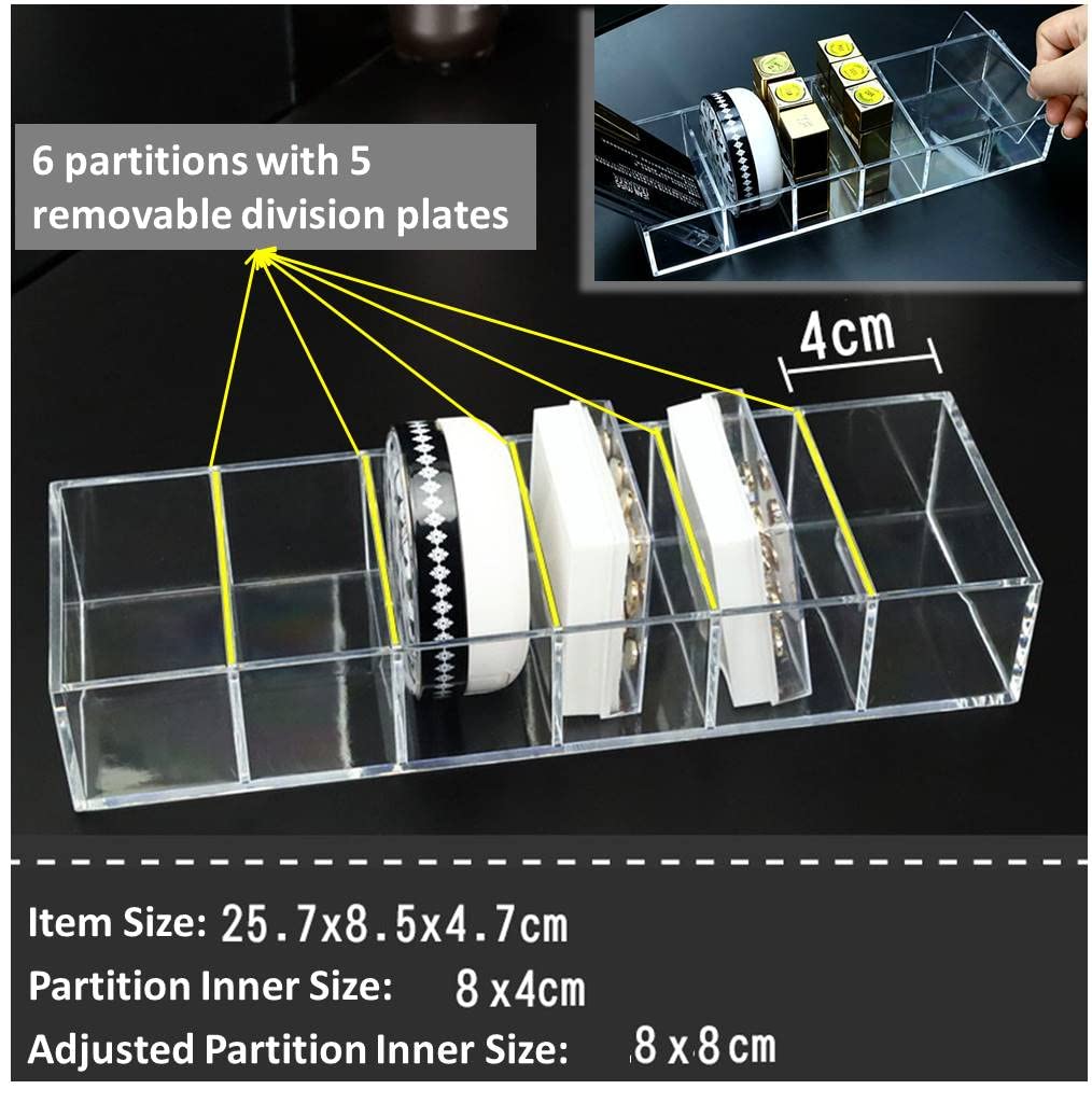 Acrylic Makeup Organizer Cosmetic Storage Makeup Display Case Lipstick Holder Dispenser Adjustable Canister Bathroom Container (10 x 3.4 x 1.9 inches, 6 Partitions, Transparent)-FemmiqueWomen