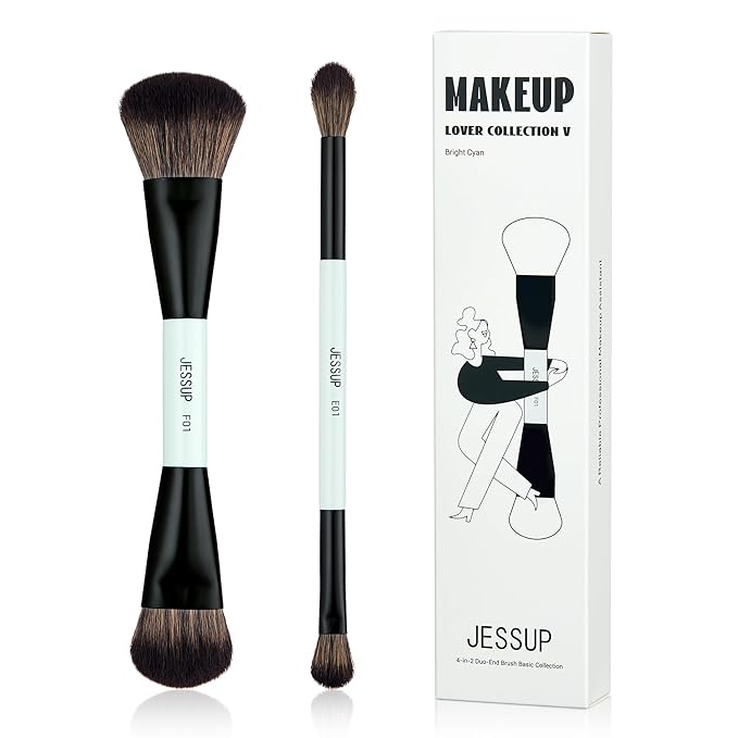 Jessup Makeup Brushes 2pcs Double Sided Foundation Brush Contour Brush Dual Ended Eye Blending Brush, Multi-functional Cosmetic Brush Bright Cyan T502-FemmiqueWomen