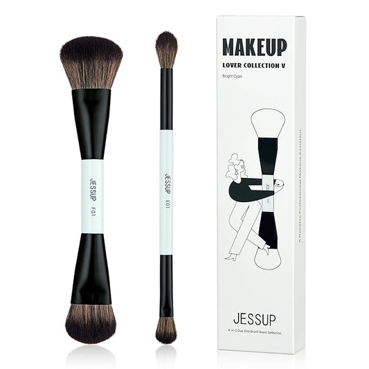 Jessup Makeup Brushes 2pcs Double Sided Foundation Brush Contour Brush Dual Ended Eye Blending Brush, Multi-functional Cosmetic Brush Bright Cyan T502-FemmiqueWomen