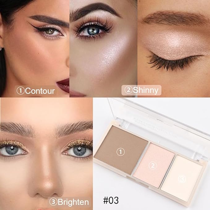 3 IN 1 Brown Nude Face Highlight Bronzer Powder Palette for Face Cheeks Contour Brightening, Buildable Matte Coverage Natural Makeup,Ultra Sculpt Nose Shadow Eyeshadow Primer 03#-FemmiqueWomen