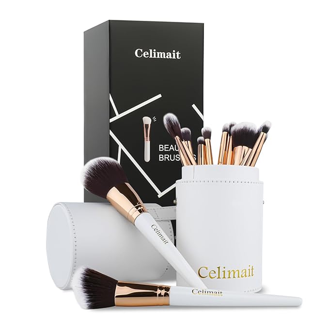 Makeup Brushes Set 12 Piece Professional & Beginner Friendly, Soft Synthetic Bristles for Face Eyeshadow Blending, Easy to Clean Travel Ready with Case, Ergonomic Wooden Handle Hypoallergenic (White)-FemmiqueWomen