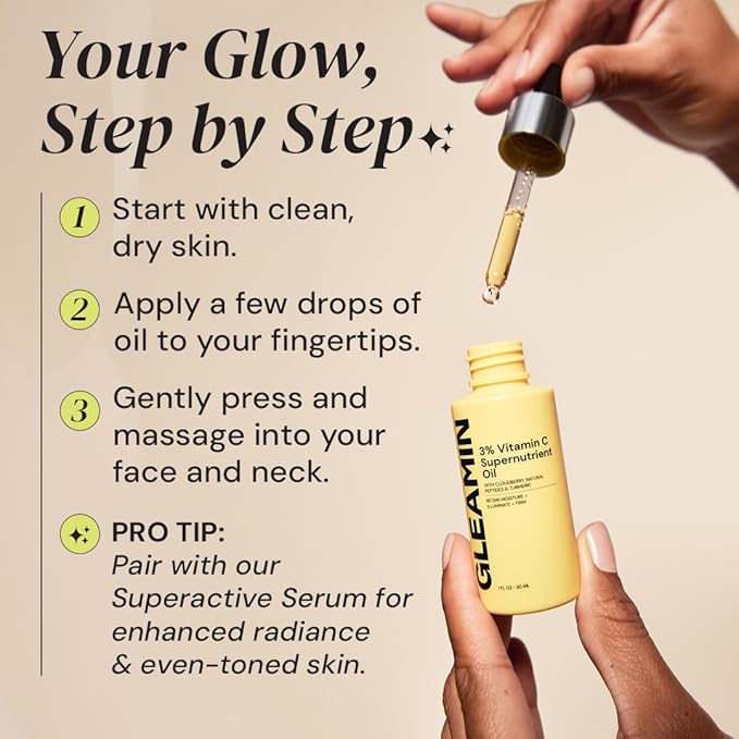 Gleamin Brightening Face Oil with Vitamin C & E, Turmeric, Jojoba & Cloudberry | Hydrating Facial Oil for Radiant Glow, Dark Spots, Fine Lines & Uneven Tone | Skin Brightening for Women & Men, 1 Fl Oz-FemmiqueWomen