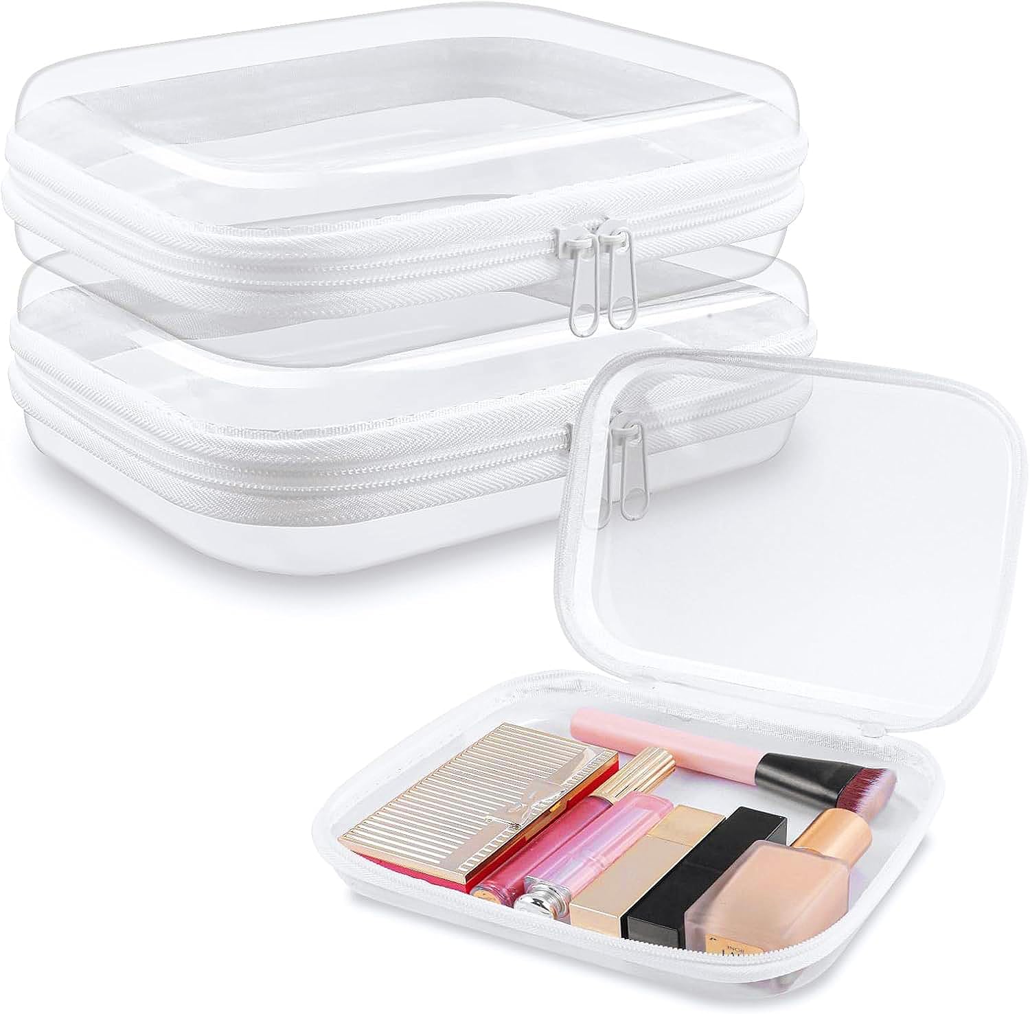 Clear Hard Shell Zipper Case 3 PCS Clear Cosmetic Make up Bag Waterproof Travel Toiletry Bag for Women, Hard Plastic Zipper Pouches Portable Travel Storage Organizer Bins (White, 5"x3"x2")-FemmiqueWomen