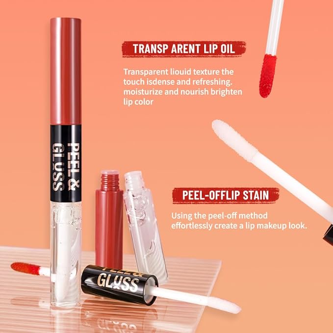 2Pcs Peel Off Lip Gloss Tattoo and Lip Oil 2-in-1, Lip Stain Peel Off Masque - Peel Off Lip Tint ,Long Lasting Waterproof Transfer-proof Lip Mask Lip Gloss Peel Off Lip Liner,Stay Lip Makeup 02#+03#-FemmiqueWomen