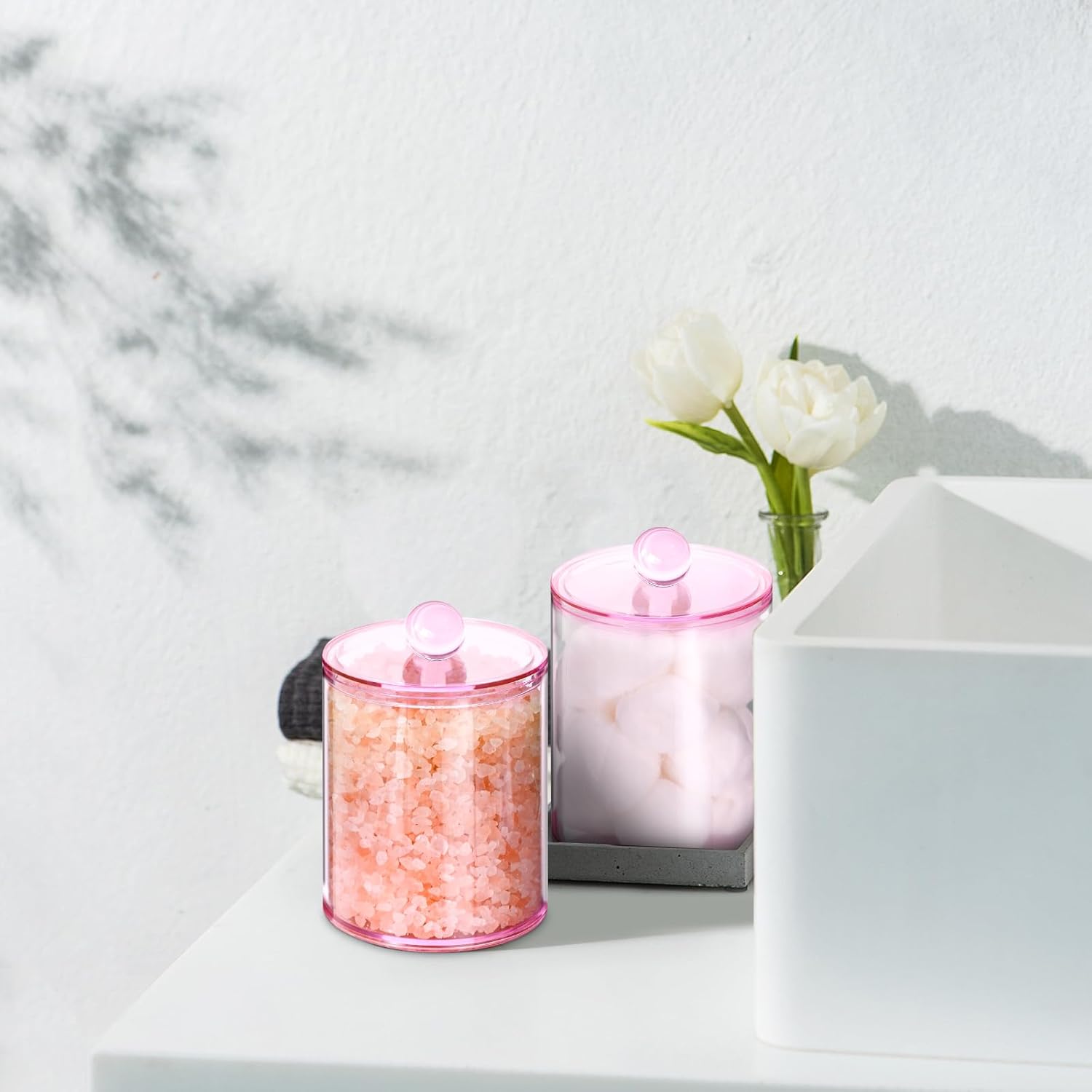 2 Pack Qtip Holder,Canister Apothecary Jar Set, Bathroom Jars with Lids Set for Cotton Swabs, Balls, Pads, Floss Picks,10oz-12oz Plastic Canisters Restroom Bedroom Vanity Organizer(Pink)-FemmiqueWomen