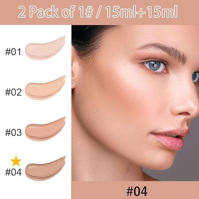 2 Pack Liquid Foundation Cream with Foundation Brush for Face Makeup,Durable Full Coverage Matte Concealer Make Up,Oil Control & Waterproof Base Primer -1 Fl.Oz (#04)-FemmiqueWomen