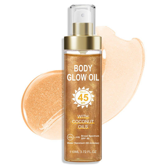 Body Glow Oil, Sunscreen Shimmer Oil, SPF 45 Broad Spectrum, Body Oil with with Coconut Oils, Moisturizing Glow for Face & Body, Liquid Illuminator Highlighter, Water Resistant, 3.72 fl oz (#3 AMBER)-FemmiqueWomen