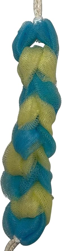Long Reach Nylon Mesh Elastic Dual-Color Bathing Sponge for Soft Sensitive Skin (Blue-Lemon)