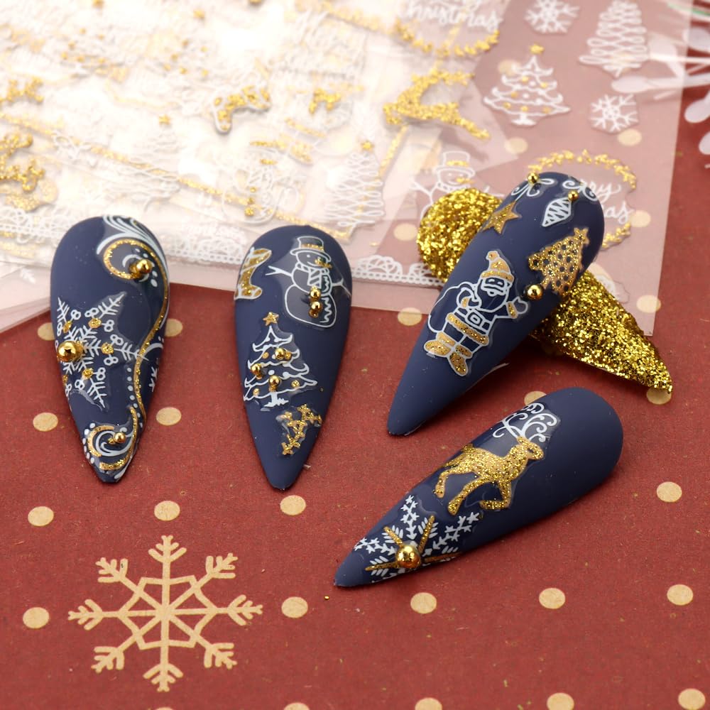 JMEOWIO 9 Sheets Christmas Nail Art Stickers Decals Self-Adhesive Pegatinas Uñas Bling Snowflake Snowman Holiday White Gold Nail Supplies Nail Art Design Decoration Accessories-FemmiqueWomen