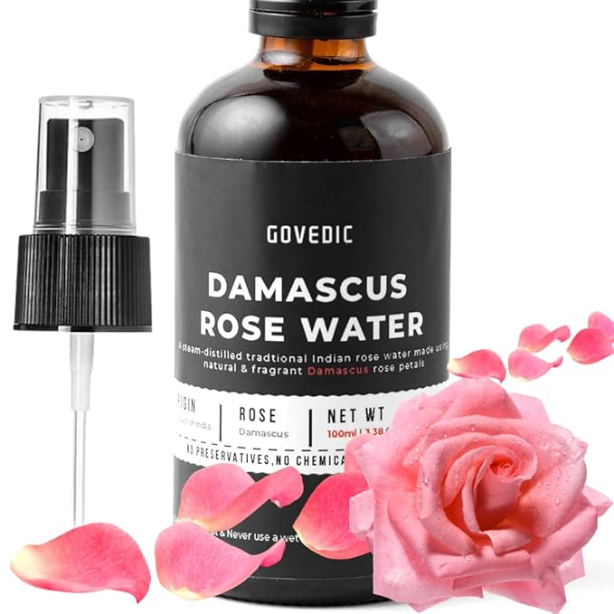 Govedic Rose Water Spray for Face Made with Damask Rose Petals, All-Natural Formula, No Dyes or Alcohol, Suitable for All Skin & Hair Types 100ml 3.38 Oz-FemmiqueWomen