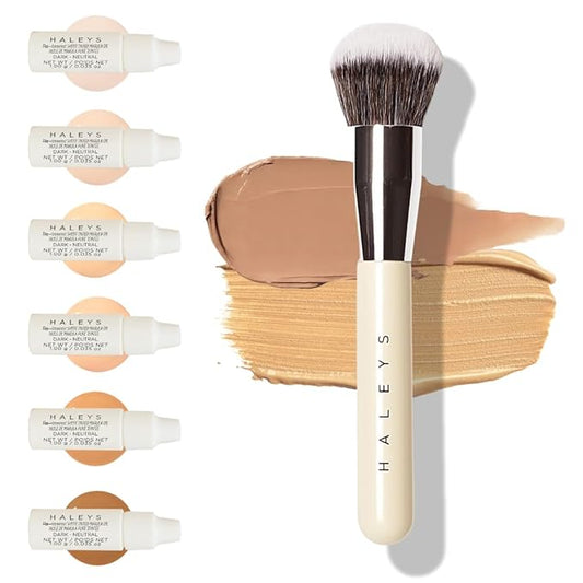 HALEYS Kabuki Makeup Brush + GWP Skin Tint Mini, VEGAN+CRUELTY-FREE, Sustainable Wood, Vegan Bristles for Airbrushed Finish, For Creams, Liquids, Powder, Streak-free, Perfect Blending, Buffs, Blurs-FemmiqueWomen