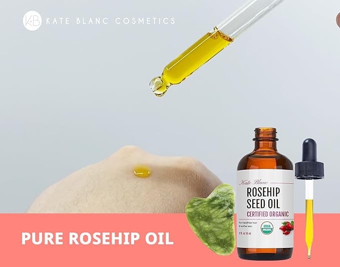 Kate Blanc Cosmetics Rosehip Oil for Face with Jade Gua Sha Stone (1oz, Organic, Pure, Cold Pressed) Rosehip Seed Face Oil for Gua Sha Massage-FemmiqueWomen