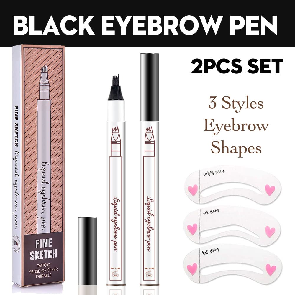 2 Pcs/Set 3D Eyebrow Pencil - Eye Makeup Micro 4 Point Brow Pen Lift & Snatch Eyebrow Pen Kits with 3 Eyebrow Stencil Long-Lasting Waterproof Natural Eyebrow Hair (4# black)-FemmiqueWomen