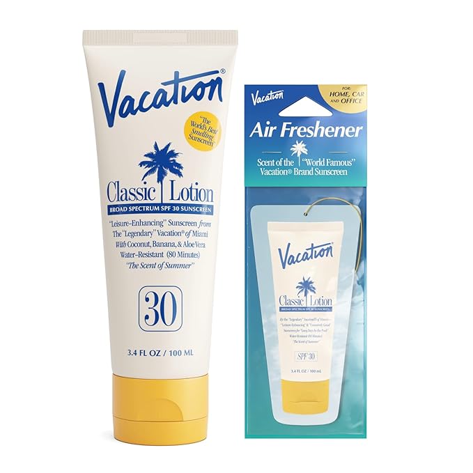 Vacation Classic Sunscreen Lotion SPF 30 & Air Freshener Bundle, Water-Resistant, Lightweight, Transparent on All Skin Tones, Dermatologist-Tested, Vegan, Travel Size, 3.4 Fl. Oz.-FemmiqueWomen