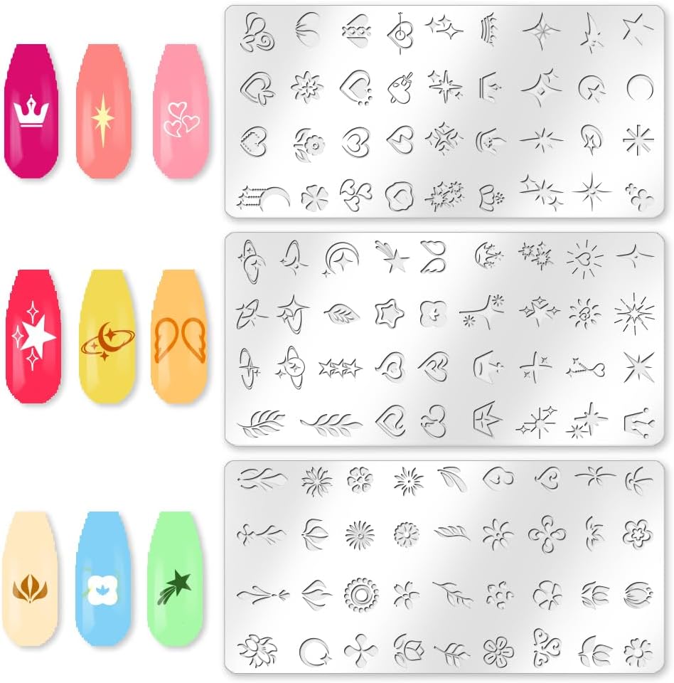 3Pcs Flowers Leaves Nail Stamping Plate Set Stars Moon Hearts Planets Nail Stamp Templates Stainless Steel DIY Reusable Tools with Stamper Scraper for Manicure Printing-FemmiqueWomen